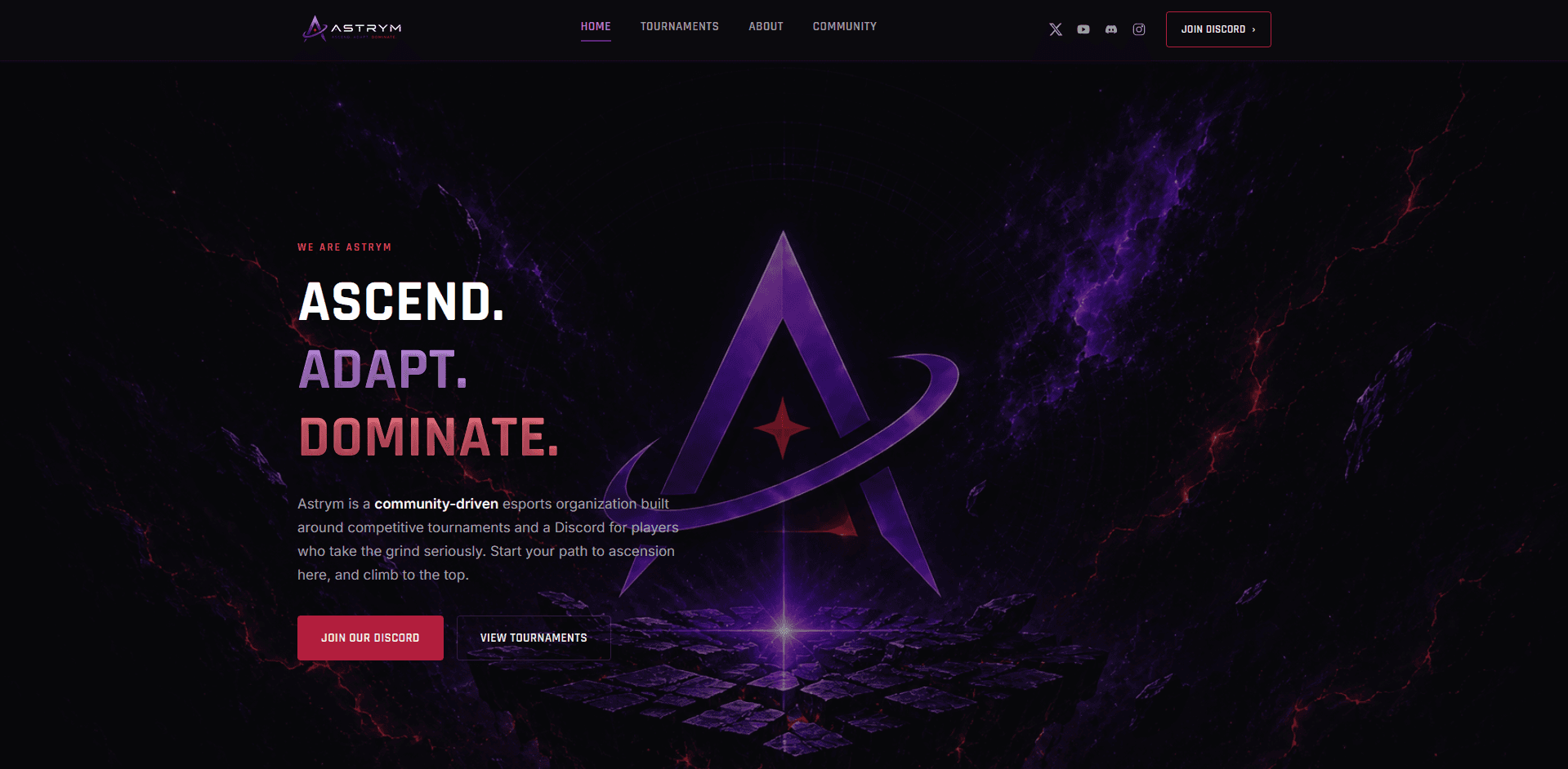 Astrym Esports — Custom esports organization site with team pages, branding, and competitive presence.