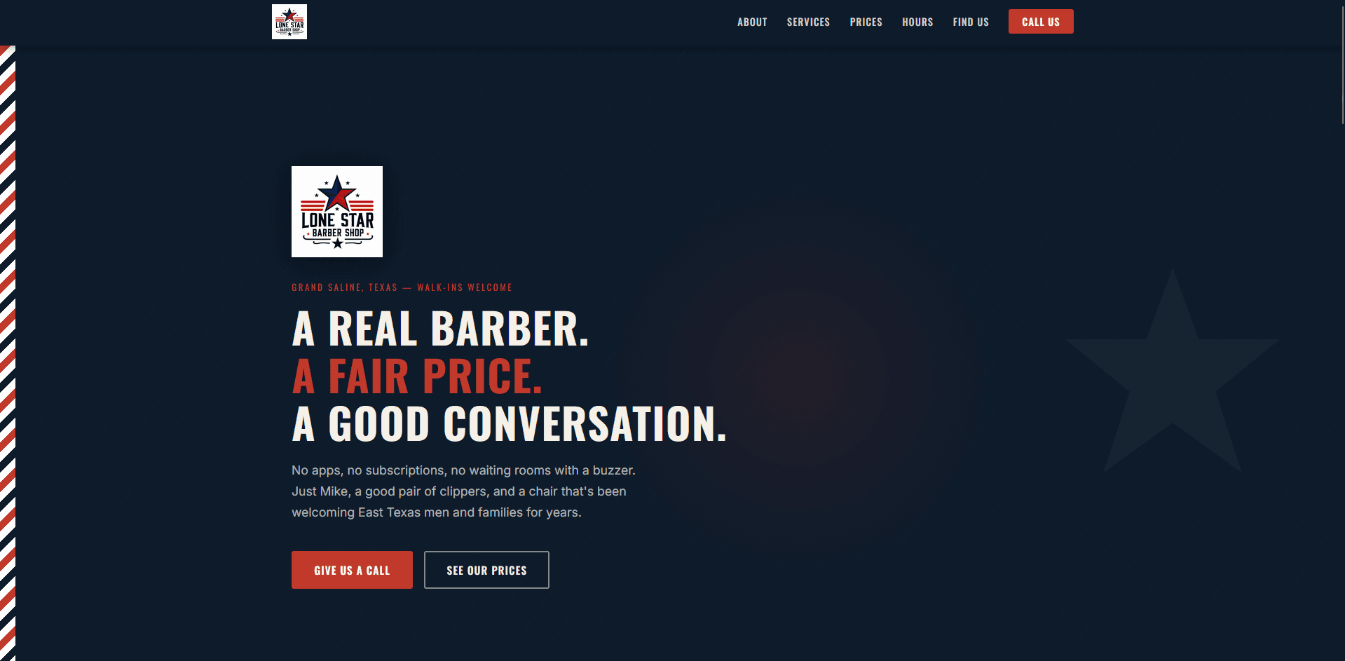 Mike Thrash — Custom marketing website with service pages, pricing, and hours for a veteran barber shop.