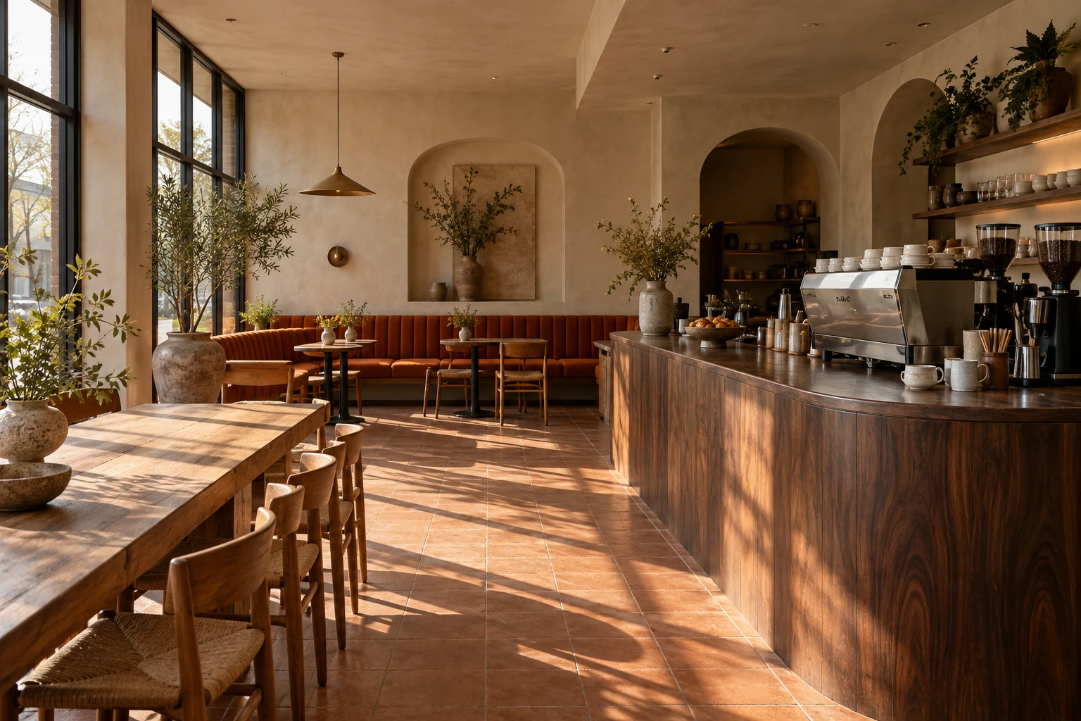 A sunlit communal table ready for a slow morning