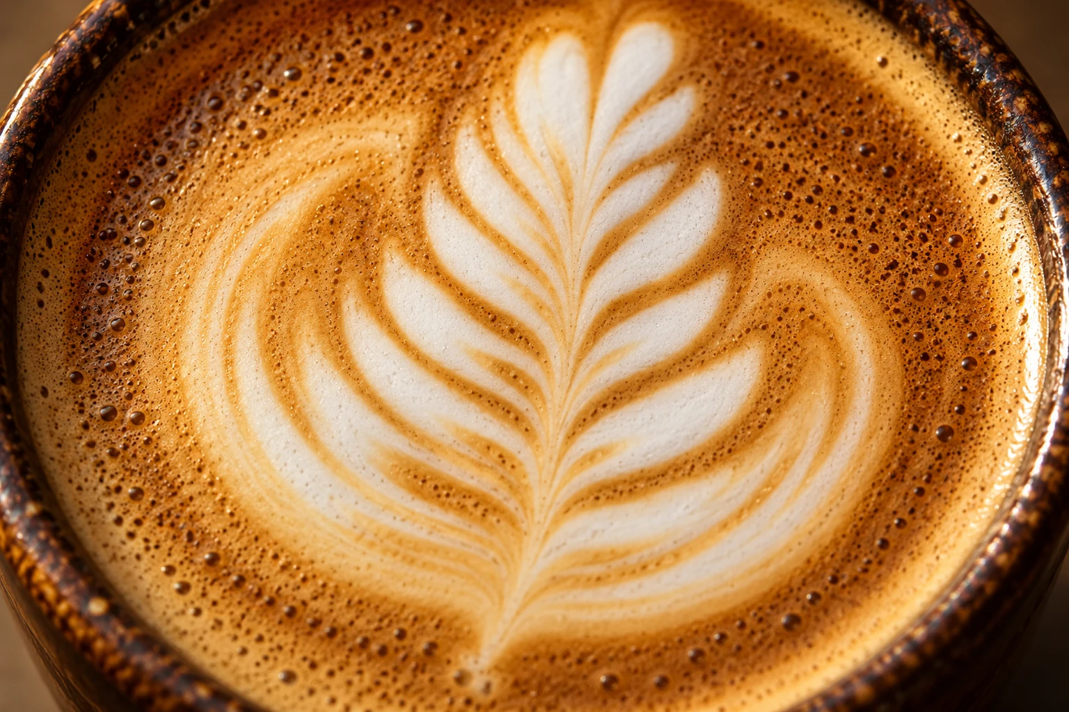 Fine rosetta latte art, crema and microfoam in close-up
