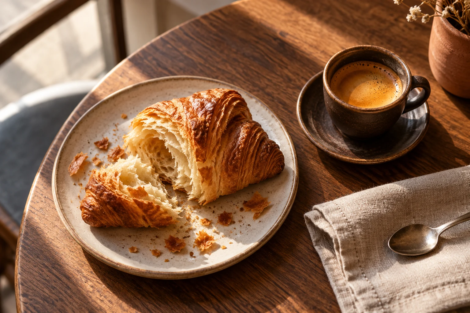 A flaky croissant and espresso on a sunlit walnut café table