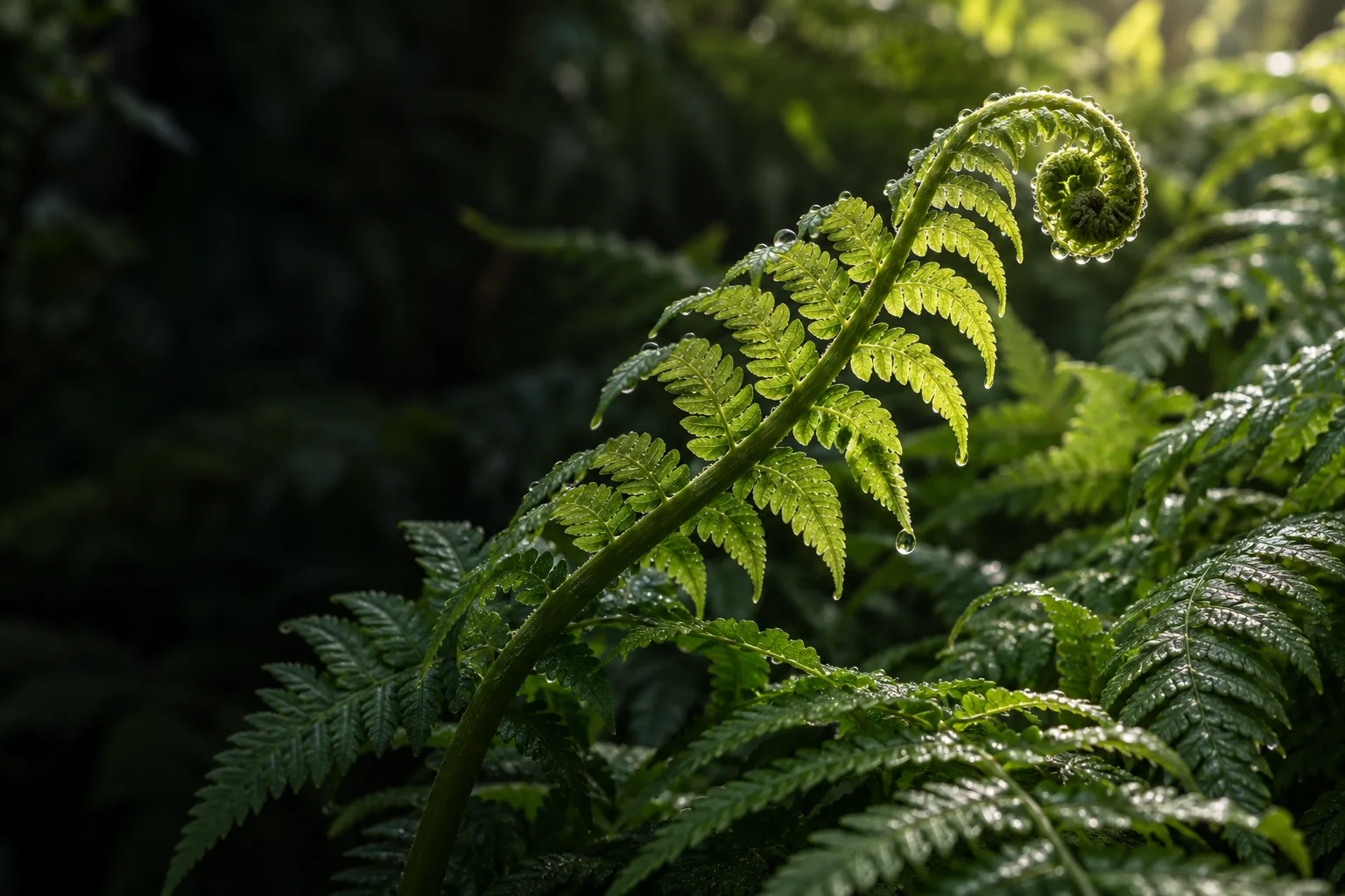 An unfolding fern frond illuminated by soft light